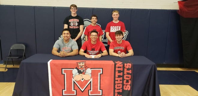 Cutline: Pictured are the six Monmouth-Rosevlle High School seniors who will be continuing their athletic careers at Monmouth College next season. Front: Kyle Dilley, Rylan Heinrich and CJ Daniel. Back: Patrick Johnston, Nick Corman and Addison Fletcher. Corman and Fletcher will be playing baseball. Fletcher will also play football with Dilley, Daniel, Heinrich and Johnston.  JEFF HOLT/REVIEW ATLAS