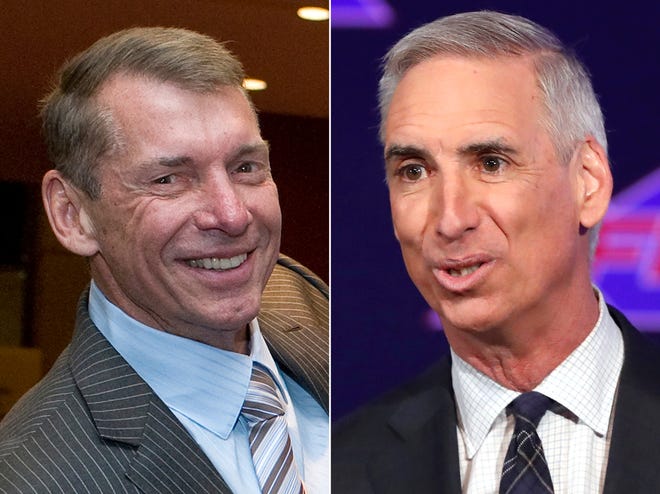 Vince McMahon, left, and XFL Commissioner and CEO Oliver Luck, right. The XFL will start Feb. 8, 2020, the weekend after the NFL season ends with the Super Bowl. This is the second time McMahon has launched a football league. (AP Photo/File)