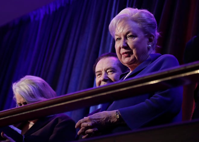 FILE - In this Nov. 9, 2016 file photo, federal judge Maryanne Trump Barry, older sister of Donald Trump, sits in the balcony during Trump's election night rally in New York. The fastest way for federal judges facing investigation by their peers to make the inquiry go away is to utter two words, "I quit." That’s how former appellate judges Maryanne Trump Barry and Alex Kozinski ended investigations into complaints that Barry participated in fraudulent tax schemes and Kozinski sexually harassed women. (AP Photo/Julie Jacobson, File)