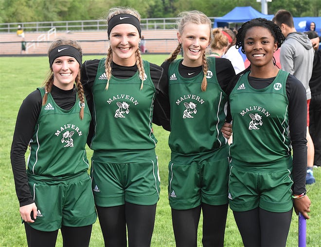Malvern's Lanie Bower (from left), Peyton Smith, Lauren Foster and Zoe Moser won the IVC title in the 4x200 with a meet-record time of 1:49.59.