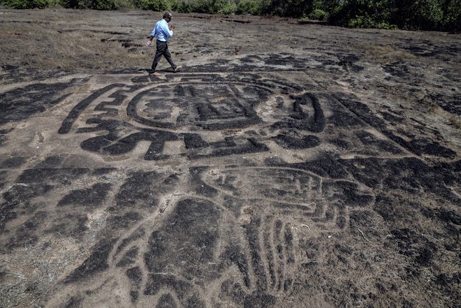 Dhananjay Marathe walks along the edges of ancient abstract designs carved into laterite rock in Ratnagiri, India. Marathe was one of two amateur archaeologists who put together the most comprehensive effort to find, catalogue and examine the carvings scattered across the region. [Atul Loke/The New York Times photos]