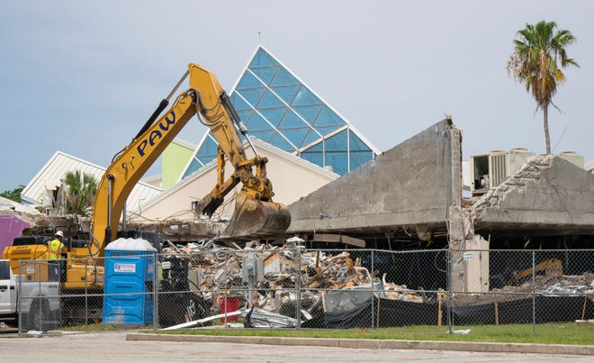 The demolition of the G. WIZ museum continued May 13, nearly a month after Sarasota City Commission denied the appeal of a resident who argued the city violated its own code by not considering the historical and architectural significance of the building. [Herald-Tribune staff photo / Jonah Hinebaugh]