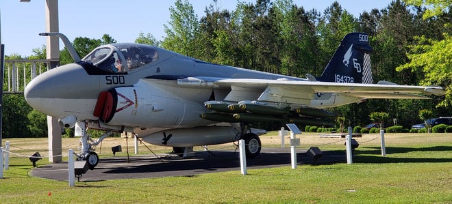 An A-6 Intruder is on static display at the Hampton Inn in Havelock, adjacent to the Havelock Tourist and Event Center, site of a new A-6 Tribute monument. [CONTRIBUTED PHOTO]