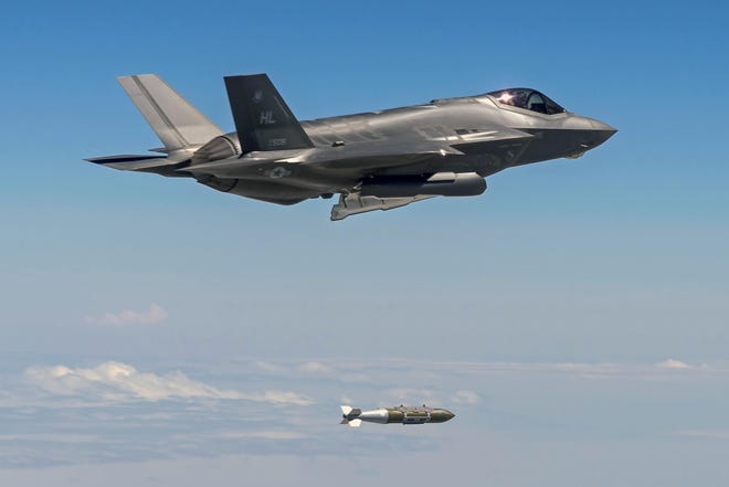 In this 2017 photo from combat Hammer, a weapons system evaluation program hosted by the Eglin AFB-based 86th Fighter Weapons Squadron, an F-35A Lightning II aircraft from Hill Air Force Base, Utah, drops a 2,000-pound GBU-31 bomb over the Utah Test and Training Range.. 10. The F-35 flew Combat Hammer, an evaluation exercise which tests and validates the performance of crews, pilots, and their technology while deploying precision-guided munitions. According to an Air Force memorandum, the 86th Fighter Weapons Squadron is moving from Eglin AFB to Hill AFB as part of a broader "strategic basing" initiative. [COURTESY PHOTO]