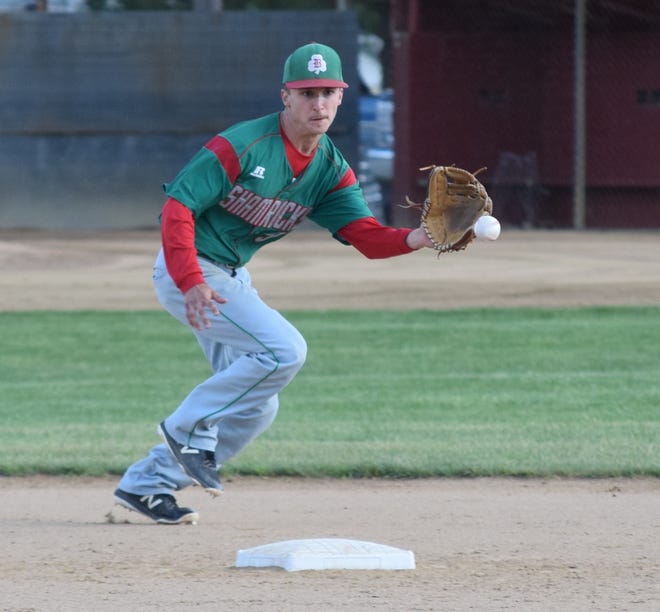 Barnesville High shortstop Cade Hannahs fields a ball up the middle during Tuesday's Division III sectional final against Fort Frye at Memorial Park. The Shamrocks beat the Cadets, 4-0.