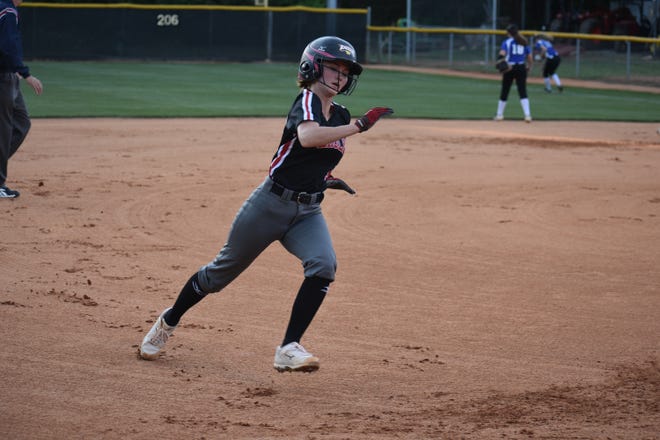 Gaston Christian's Kendall Withers prepares to round third in the first inning of the Eagles' 16-0 win over Calvary Day School on Tuesday. [JOE L. HUGHES II/Gaston Gazette]