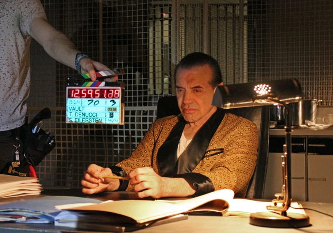 Chazz Palminteri, who plays crime boss Raymond Patriarca in "Vault," during filming in Providence in April 2018. [The Providence Journal, file / Steve Szydlowski]