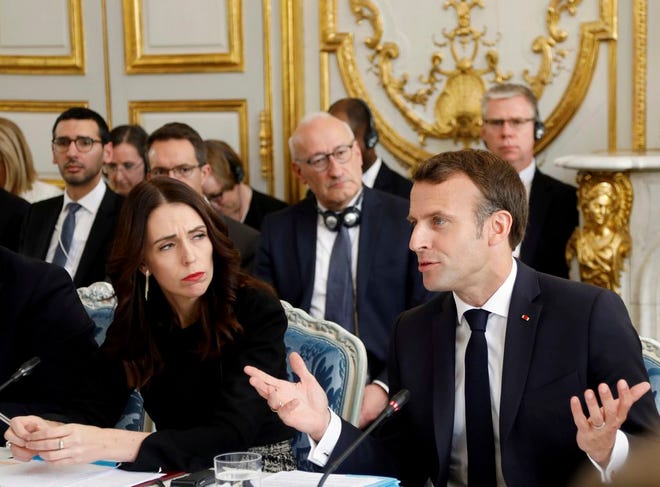 French President Emmanuel Macron and New Zealand's Prime Minister Jacinda Ardern attend a meeting at the Elysee Palace, Wednesday, May 15, 2019 in Paris. Several world leaders and tech bosses are meeting in Paris to find ways to stop acts of violent extremism from being shown online.