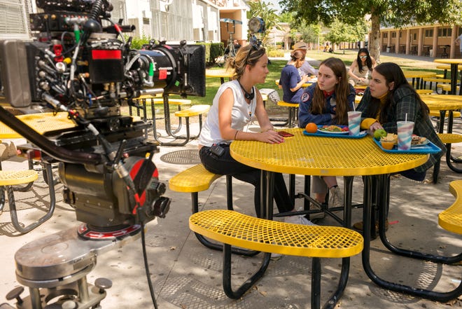 Olivia Wilde (left) discusses a “Booksmart” scene with Kaitlyn Dever and Beanie Feldstein. [Annapurna]
