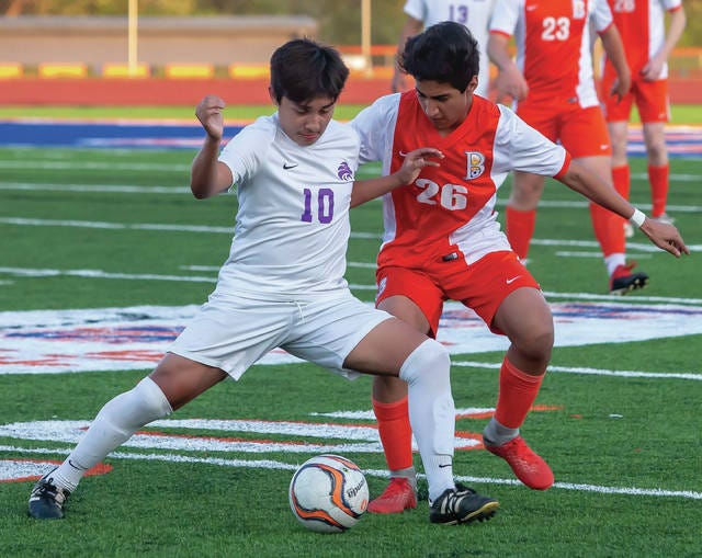Columbia Central’s Victor Ramirez battles for possession against Blackman’s Aiden Arcega during Tuesday’s Region 4-AAA semifinal. Ramirez scored the first goal for the visiting Lions in a 3-0 victory. (Ethan Scott/Murfreesboro Post)