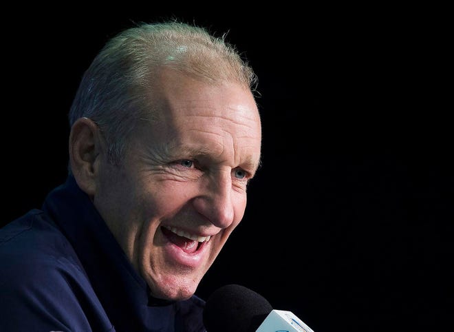In this Sept. 28, 2016, file photo, Europe coach Ralph Krueger speaks during a news conference at the World Cup of Hockey in Toronto. Krueger has officially been named the new coach of the Buffalo Sabres as the franchise seeks to return to the playoffs after an eight-year absence. The Sabres announced the hire on Wednesday. General manager Jason Botterill says in a statement that Krueger has adapted to "a variety of high-pressure environments while leading some of the world's elite players. [NATHAN DENETTE/THE CANADIAN PRESS/ASSOCIATED PRESS]