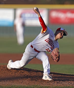 Coronado's Gary Franco (13) pitches the ball during a District 3-5A game against Lubbock-Cooper on April 16 at Max O'Banion Field. The Mustangs start the Region I-5A quarterfinals series against Monterey at 7 p.m. Thursday at Hays Field. [Brad Tollefson/A-J Media]