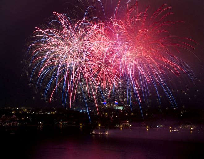 Fireworks explode over the Intracoastal Waterway during the 4th on Flagler in West Palm Beach on July 4, 2018. [Meghan McCarthy/palmbeachdailynews.com]