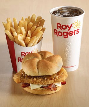 Roy Rogers' GoldRush Combo features a chicken sandwich stacked with bacon.