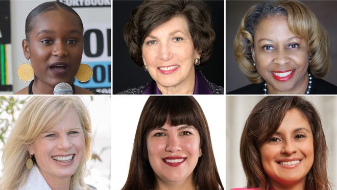 Six women slated to speak at "Women and Power" on June 11 are (clockwise from upper left): Bria Smith, Elizabeth (Betsy) Brenner, Joan Prince, Jessie Rodriguez, Amy Lindner and Mary Burke.