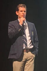 Jamison Monroe, founder and CEO of the teen mental health treatment company Newport Academy, at a recent community meeting in McLean, Va.