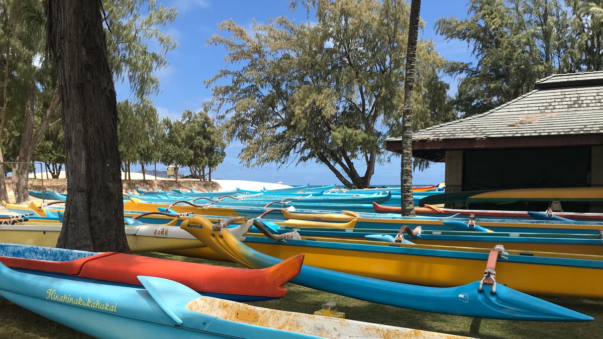 Visitors to Hawaii's Kailua Beach, on the eastern side of Oahu, can rent outrigger canoes.