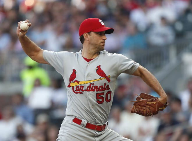 St. Louis Cardinals starting pitcher Adam Wainwright (50) works in the first inning of Thursday's game against the Atlanta Braves in Atlanta. (AP Photo/John Bazemore)