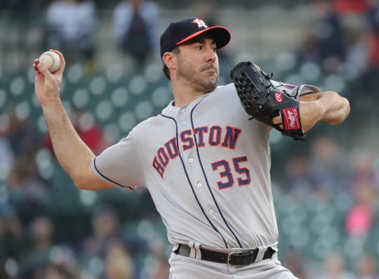 Justin Verlander of the Houston Astros faces the Detroit Tigers in the first round on Wednesday, May 15, 2019 at Comerica Park.