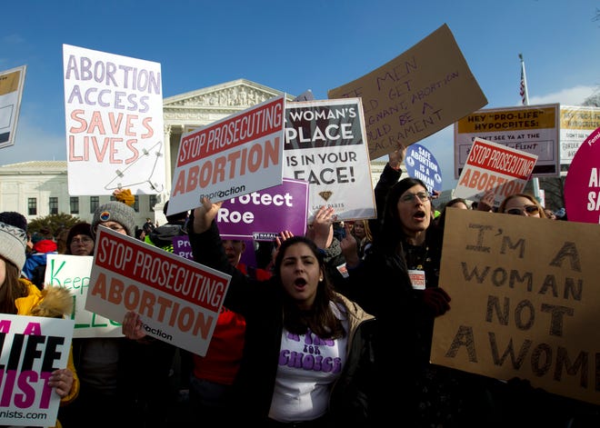 In this Jan. 18, 2019, file photo, abortion-rights activists protest outside of the U.S. Supreme Court, during the March for Life in Washington.