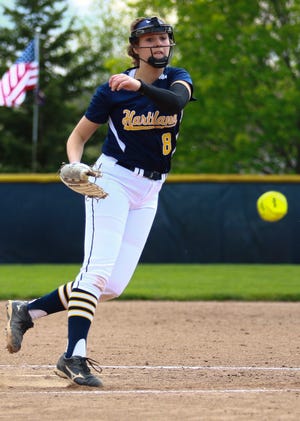 Hartland's Rachel Everett threw a three-hit shutout, striking out 10, in a 6-0 victory over Brighton on Wednesday, May 15, 2019.