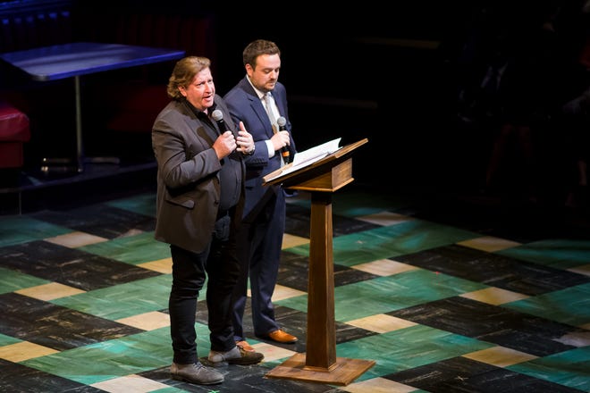 2019: Artistic director Mark Clements and executive director Chad Bauman speak to the Curtain Call Ball audience.