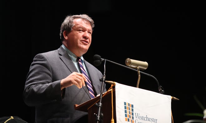 County Executive George Latimer gives a greeting at Westchester Community College's 71st graduation ceremony at the Westchester County Center in White Plains on Thursday, May 16, 2019.  