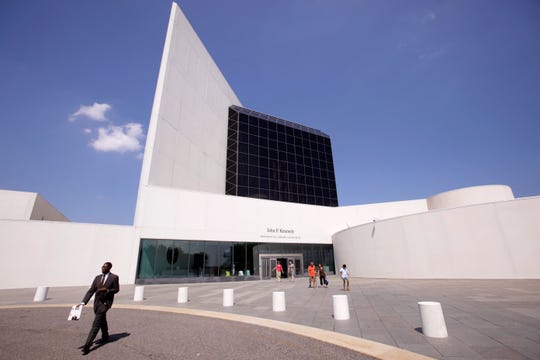 The entrance of the John F. Kennedy Presidential Library and Museum in Boston, designed by architect I.M. Pei.