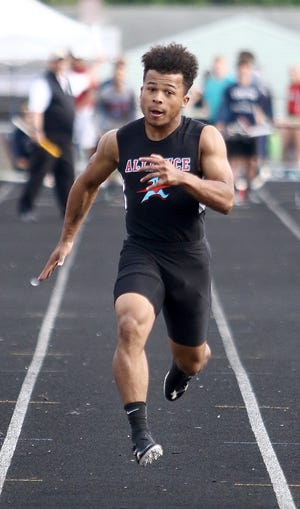 Alliance's Noah Durst-Hawkins in the boys 100 meter dash final at the 2019 Division I District Track & Field Championship at Austintown-Fitch High School on Friday, May 17, 2019. Ed Hall Jr, Special to The Review