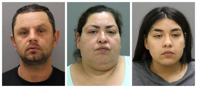This combination of booking photos provided by the Chicago Police Department on Thursday, May 16, 2019 shows from left, Pioter Bobak, 40; Clarisa Figueroa, 46; and Desiree Figueroa, 24. Charges against them come three weeks after 19-year-old Marlen Ochoa-Lopez disappeared and a day after her body was discovered in a garbage can in the backyard of Clarissa Figueroa's home in Chicago's Southwest Side. Police said the teenager was strangled and her baby cut from her body. (Chicago Police Department via AP)
