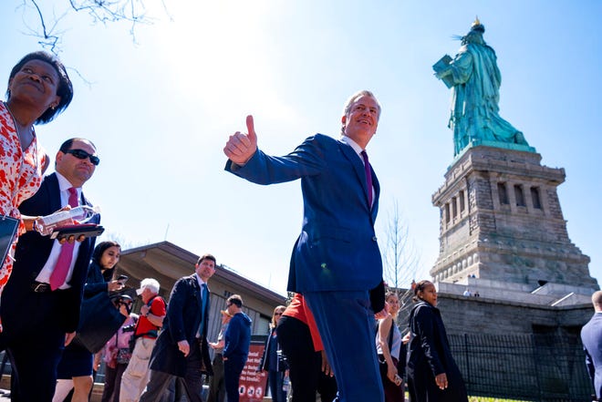 New York Mayor Bill de Blasio arrives for the official dedication ceremony of the Statue of Liberty Museum on Liberty Island Thursday, May 16, 2019, in New York. De Blasio announced Thursday that he will seek the Democratic nomination for president, adding his name to an already long list of candidates itching for a chance to take on Donald Trump.