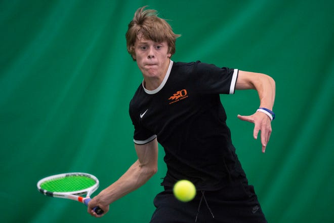 Sprague's Judson Blair competes in round two of the OSAA 6A Tennis State Championships against Barlow's Christian Maxey on Thursday, May 16, at the Babette Horenstein Tennis Center in Beaverton, Oregon