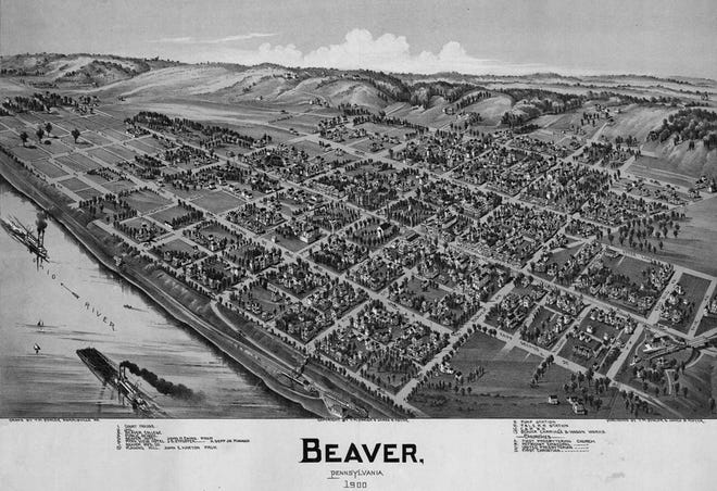 T.M. Fowler's map of Beaver in 1900 shows the tight-knit development of the county seat. Landmarks visible include the Beaver Cemetery, Beaver Station and the old Beaver County Courthouse. [U.S. Library of Congress]