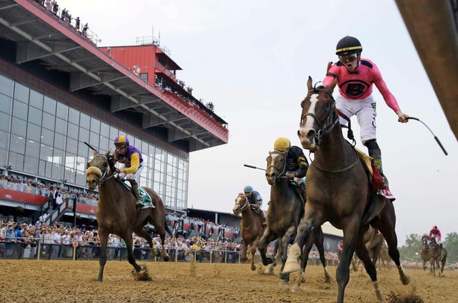 War of Will (right) with jockey Tyler Gaffalione aboard crosses the finish line first to win the Preakness Stakes on Saturday in Baltimore. [AP Photo/Steve Helber]