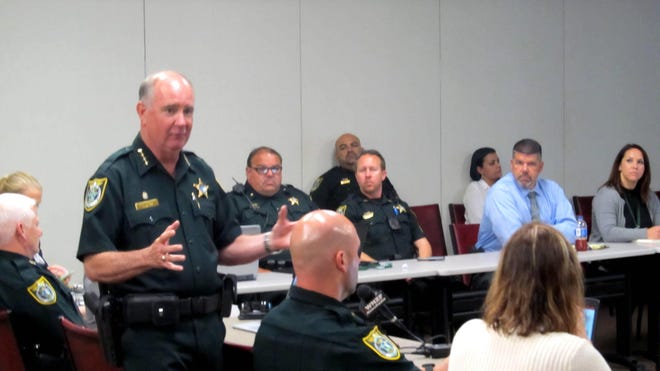 Flagler County Sheriff Rick Staly explains a number of tolls and tactics his agency has utilized since he took office in 2017 during a presentation Tuesday. [Matt Bruce/GateHouse Florida]