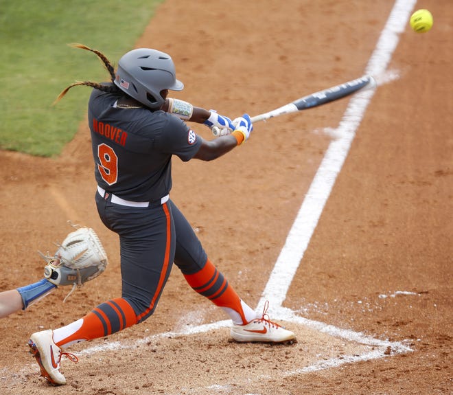 Florida's Jaimie Hoover belts a RBI hit during the winner's bracket game Saturday of the NCAA Gainesville Regional against Boise State at Katie Seashole Pressly Stadium. The Gators run-ruled the Broncos 8-0. [Brad McClenny/Staff photographer]