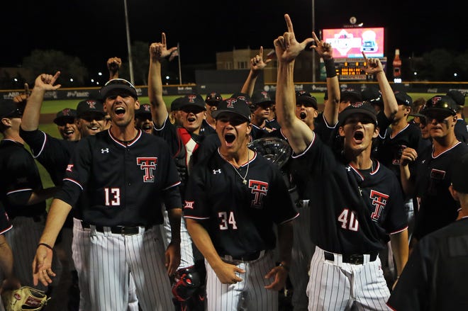Texas Tech pitchers Cade Farr (13), Micah Dallas (34) and Bryce Bonnin (40) lead the celebration after the Red Raiders clinched the Big 12 regular-season championship Saturday night with an 8-4 home victory against TCU. Tech won 10 of its 11 conference games after being below .500 midway through the race. [Sam Grenadier/A-J Media]