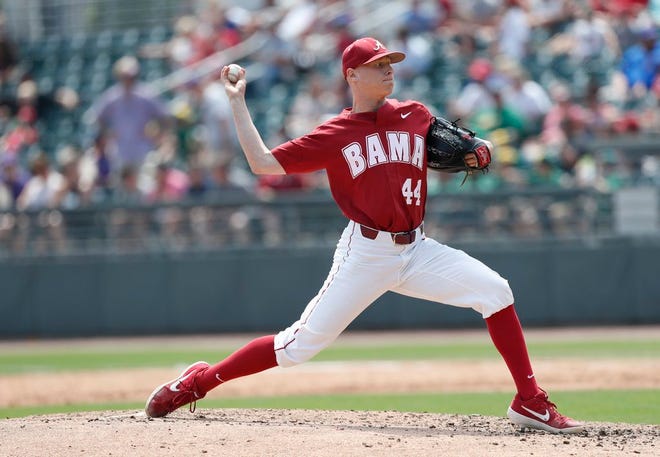 Right-handed pitcher Davis Vainer, shown April 28, 2019, is leaving Alabama baseball for Arizona as a graduate transfer, he announced in a post on his Instagram account on Sunday, May 19, 2019.