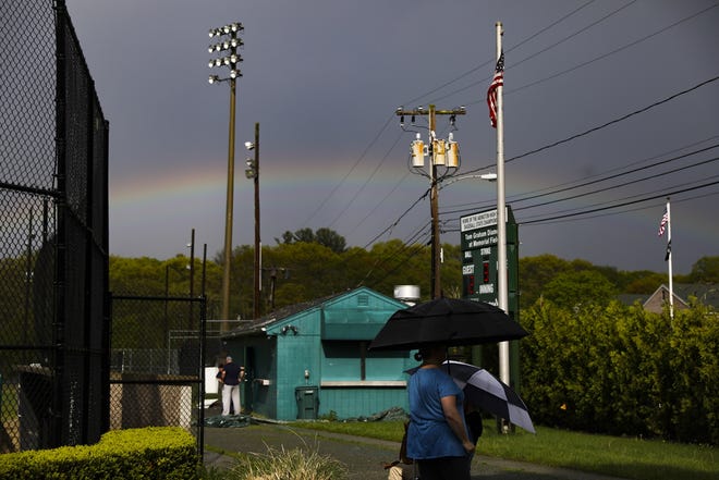 A rainbow appears over the Thomas Graham Diamond in Abington as a brief but violent thunderstorm passes on Monday, May 20, 2019. [Alyssa Stone/The Enterprise]