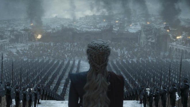 Daenerys Targaryen (Emilia Clarke) surveys her knew kingdom and her wrath in the opening months of the series finale of HBO’s “Game of Thrones.” [HBO]
