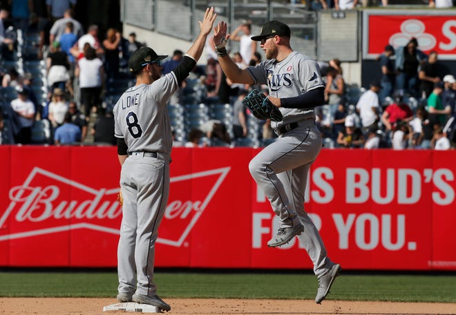 Tampa Bay Rays center fielder Austin Meadows, right, and second baseman Brandon Lowe (8) celebrate after defeating the New York Yankees on Saturday afternoon in the Bronx. Both players hit solo home runs in the Rays' 2-1 victory in 11 innings. [JIM MCISAAC/THE ASSOCIATED PRESS]