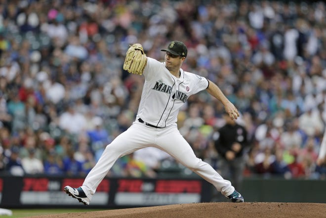 Seattle Mariners starting pitcher Wade LeBlanc works against the Minnesota Twins during a baseball game, Saturday, May 18, 2019, in Seattle. (AP Photo/John Froschauer)
