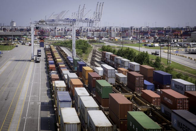 For the fiscal year through April, the Port of Savannah has achieved a 21 percent increase in intermodal cargo, handling 776,600 twenty-foot equivalent units by rail since July. [Georgia Ports Authority/Emily Goldman]