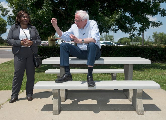 Presidential candidate Sen. Bernie Sanders (I-Vt.) speaks with Catherine Flowers of EJI at the Lowdnes County Interpretive Center in Hayneville, Ala., on Monday, May 20, 2019. (Jake Crandall/Montgomery Advertiser via AP)