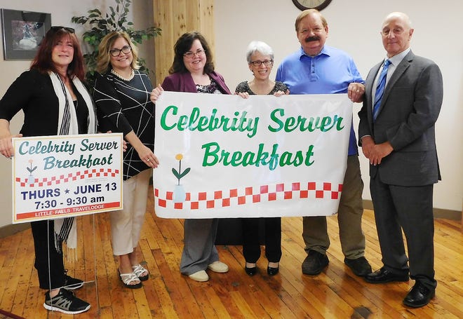 The Herkimer County Historical Society will host its annual Hot Cakes With The Historical Society on June 13. Pictured from left are Jill Rae Vennera of Easels on the Gogh, Michele Hummel, executive director of the Herkimer County Chamber of Commerce, Ann Marie Hess of Fenner Funeral Home, Susan Perkins, executive director of the Herkimer County Historical Society, Roger Skinner of Skinner Sales and John Scarano, event chairman. [STEPHANIE SORRELL-WHITE/TIMES TELEGRAM]