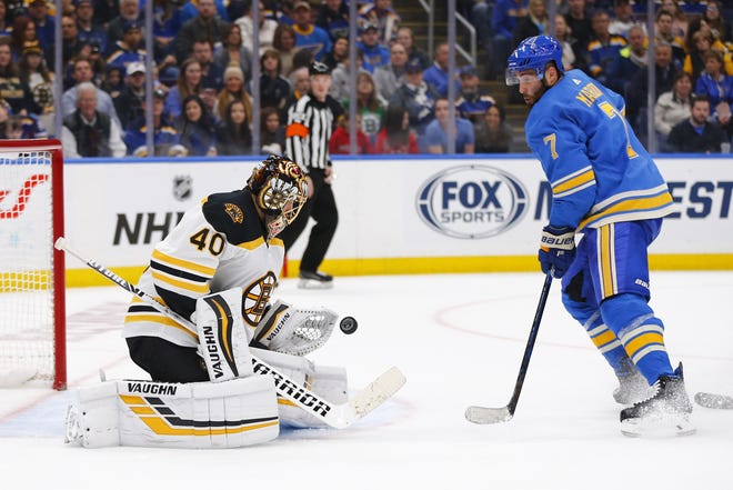 Boston Bruins goalie Tuukka Rask (40) makes a save against St. Louis Blues' Patrick Maroon (7) during the second period of an NHL game. [AP Photo/Dilip Vishwanat, File]
