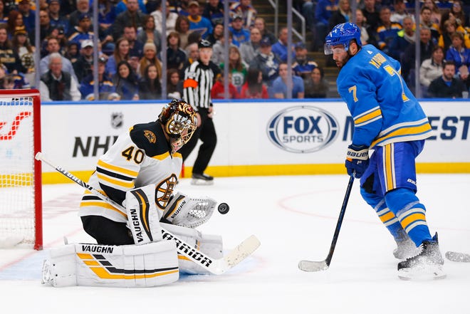 Boston goalie Tuukka Rask (40) makes a save against St. Louis' Patrick Maroon during the second period of their Feb. 23 game in St. Louis. The two meets meet in the Stanley Cup Final beginning Monday. [AP Photo/Dilip Vishwanat]