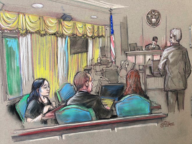 FILE - In this April 15, 2019 file court sketch, Yujing Zhang, left, a Chinese woman charged with lying to illegally enter President Donald Trump's Mar-a-Lago club, listens to a hearing Monday, April 15, 2019, before Magistrate Judge William Matthewman in West Palm Beach, Fla. Yujing Zhang told U.S. District Judge Roy Altman Tuesday, May 21, 2019 that she wants to fire her attorneys and represent herself. Altman said he would not allow Zhang to dismiss her attorneys until she has been examined by a psychiatrist. If deemed competent, the judge said, she could represent herself. (Daniel Pontet via AP, File)