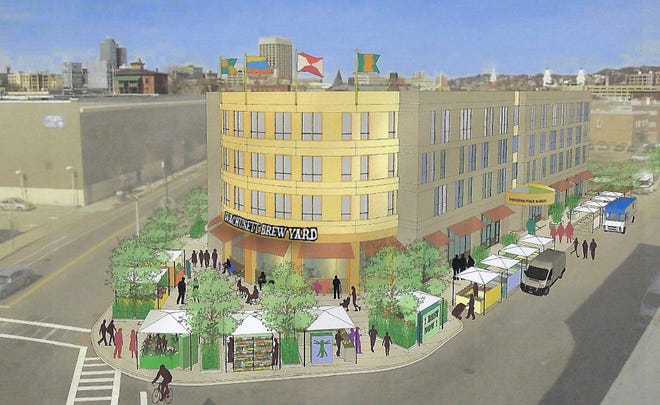 An artist's rendering of the Harding Green building, featuring a Wachusett Brewing Co. brewery and taproom. The building is called Worcester Public Market. [Submitted Photo]