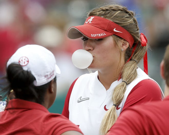 Montana Fouts blows a bubble before Alabama's game with Arizona State in the Tuscaloosa Regional Final Sunday, May 19. [Staff Photo/Gary Cosby Jr.]